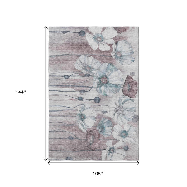 HomeRoots 9' X 12' Stylish Teal Mauve Ivory Floral Area Rug – Washable, UV Protected, Perfect for High-Traffic Areas 657328