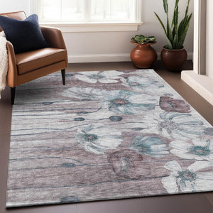 HomeRoots 9' X 12' Stylish Teal Mauve Ivory Floral Area Rug – Washable, UV Protected, Perfect for High-Traffic Areas 657328