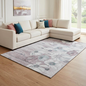 HomeRoots 9' X 12' Stylish Teal Mauve Ivory Floral Area Rug – Washable, UV Protected, Perfect for High-Traffic Areas 657328