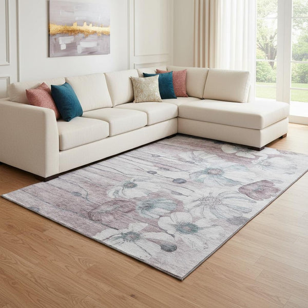 HomeRoots 9' X 12' Stylish Teal Mauve Ivory Floral Area Rug – Washable, UV Protected, Perfect for High-Traffic Areas 657328