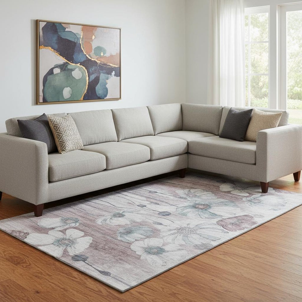HomeRoots 10' X 14' Teal Mauve Ivory Floral Area Rug – Washable, UV Protected & Durable for Busy Homes 657329