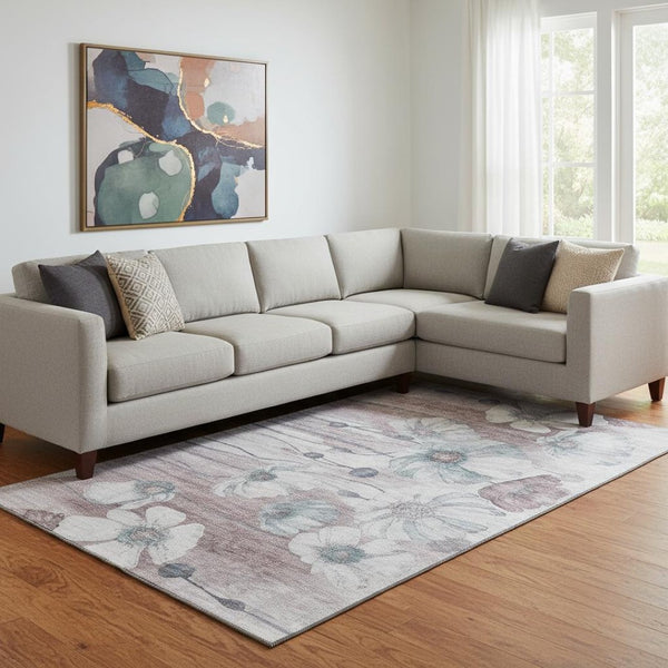HomeRoots 10' X 14' Teal Mauve Ivory Floral Area Rug – Washable, UV Protected & Durable for Busy Homes 657329