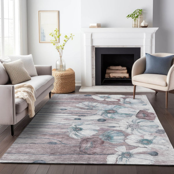 HomeRoots 10' X 14' Teal Mauve Ivory Floral Area Rug – Washable, UV Protected & Durable for Busy Homes 657329