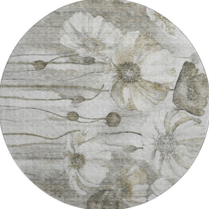 HomeRoots 8' Taupe and Ivory Floral Washable Round Rug – Durable, Stain Resistant, UV Protected, Elegant Design 657332