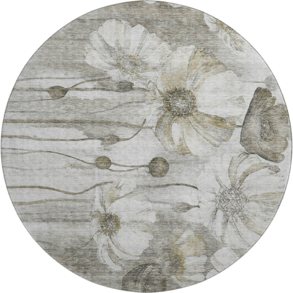 HomeRoots 8' Taupe and Ivory Floral Washable Round Rug – Durable, Stain Resistant, UV Protected, Elegant Design 657332