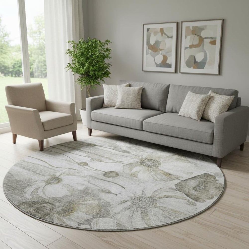HomeRoots 8' Taupe and Ivory Floral Washable Round Rug – Durable, Stain Resistant, UV Protected, Elegant Design 657332