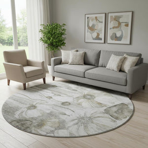HomeRoots 8' Taupe and Ivory Floral Washable Round Rug – Durable, Stain Resistant, UV Protected, Elegant Design 657332