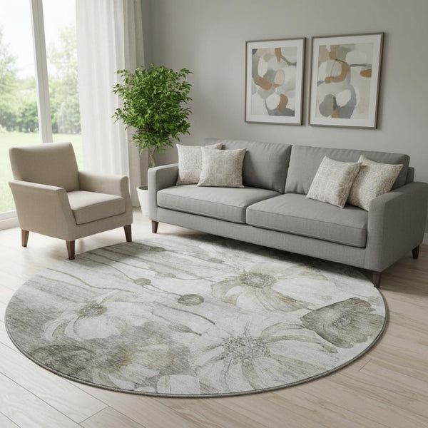 HomeRoots 8' Taupe and Ivory Floral Washable Round Rug – Durable, Stain Resistant, UV Protected, Elegant Design 657332