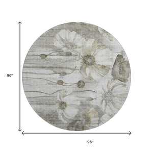 HomeRoots 8' Taupe and Ivory Floral Washable Round Rug – Durable, Stain Resistant, UV Protected, Elegant Design 657332