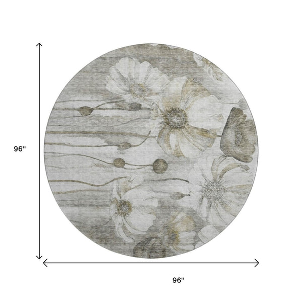 HomeRoots 8' Taupe and Ivory Floral Washable Round Rug – Durable, Stain Resistant, UV Protected, Elegant Design 657332