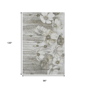 HomeRoots 8' X 10' Elegant Taupe & Ivory Floral Area Rug - Washable, UV-Protected, Stain-Resistant Design 657333