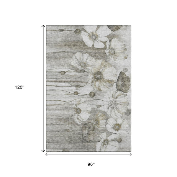 HomeRoots 8' X 10' Elegant Taupe & Ivory Floral Area Rug - Washable, UV-Protected, Stain-Resistant Design 657333