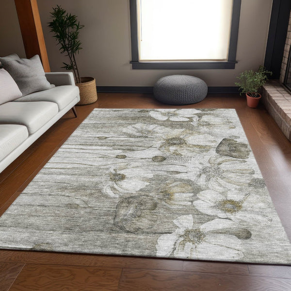 HomeRoots 8' X 10' Elegant Taupe & Ivory Floral Area Rug - Washable, UV-Protected, Stain-Resistant Design 657333