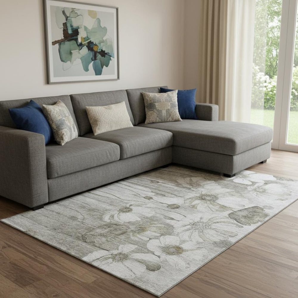 HomeRoots 9' X 12' Elegant Taupe & Ivory Floral Washable Area Rug with UV Protection for Busy Homes 657334
