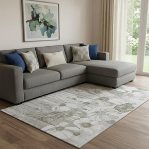 HomeRoots 9' X 12' Elegant Taupe & Ivory Floral Washable Area Rug with UV Protection for Busy Homes 657334