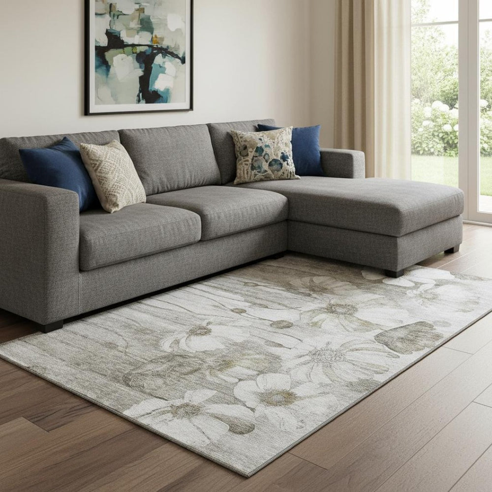 HomeRoots 10' X 14' Elegant Taupe & Ivory Floral Washable Area Rug – Stain-Resistant, UV Protected & Durable! 657335