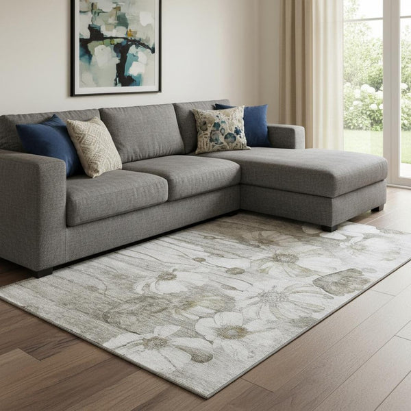 HomeRoots 10' X 14' Elegant Taupe & Ivory Floral Washable Area Rug – Stain-Resistant, UV Protected & Durable! 657335