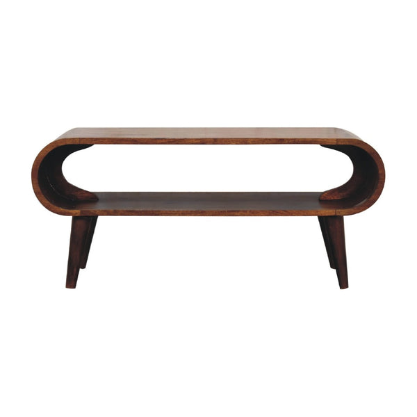 HomeRoots 35" Chestnut Solid Wood Coffee Table with Shelf - Elegant Design, Versatile Storage for Any Space 657336