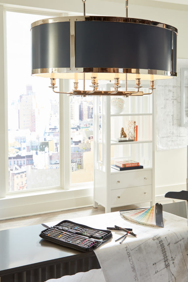 Wildwood High Oval Chandelier – Polished Nickel 8-Light Oval Fixture With Removable Paintable Panels, 38" Wide 65734