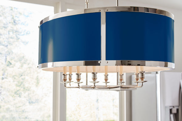 Wildwood High Oval Chandelier – Polished Nickel 8-Light Oval Fixture With Removable Paintable Panels, 38" Wide 65734