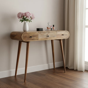 HomeRoots 39" Oak Solid Wood Vanity Table with Mirror - Scandinavian Style, Two Drawers, Elegant Storage Solution 657340
