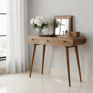 HomeRoots 39" Oak Solid Wood Vanity Table with Mirror - Scandinavian Style, Two Drawers, Elegant Storage Solution 657340
