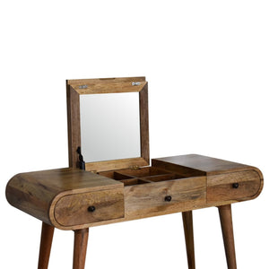 HomeRoots 39" Oak Solid Wood Vanity Table with Mirror - Scandinavian Style, Two Drawers, Elegant Storage Solution 657340