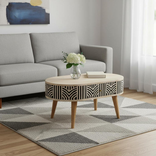 HomeRoots 32" Elegant Black Bone & Oak Solid Wood Oval Coffee Table with 2 Drawers for Modern Living Spaces 657341