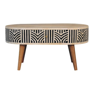 HomeRoots 32" Elegant Black Bone & Oak Solid Wood Oval Coffee Table with 2 Drawers for Modern Living Spaces 657341