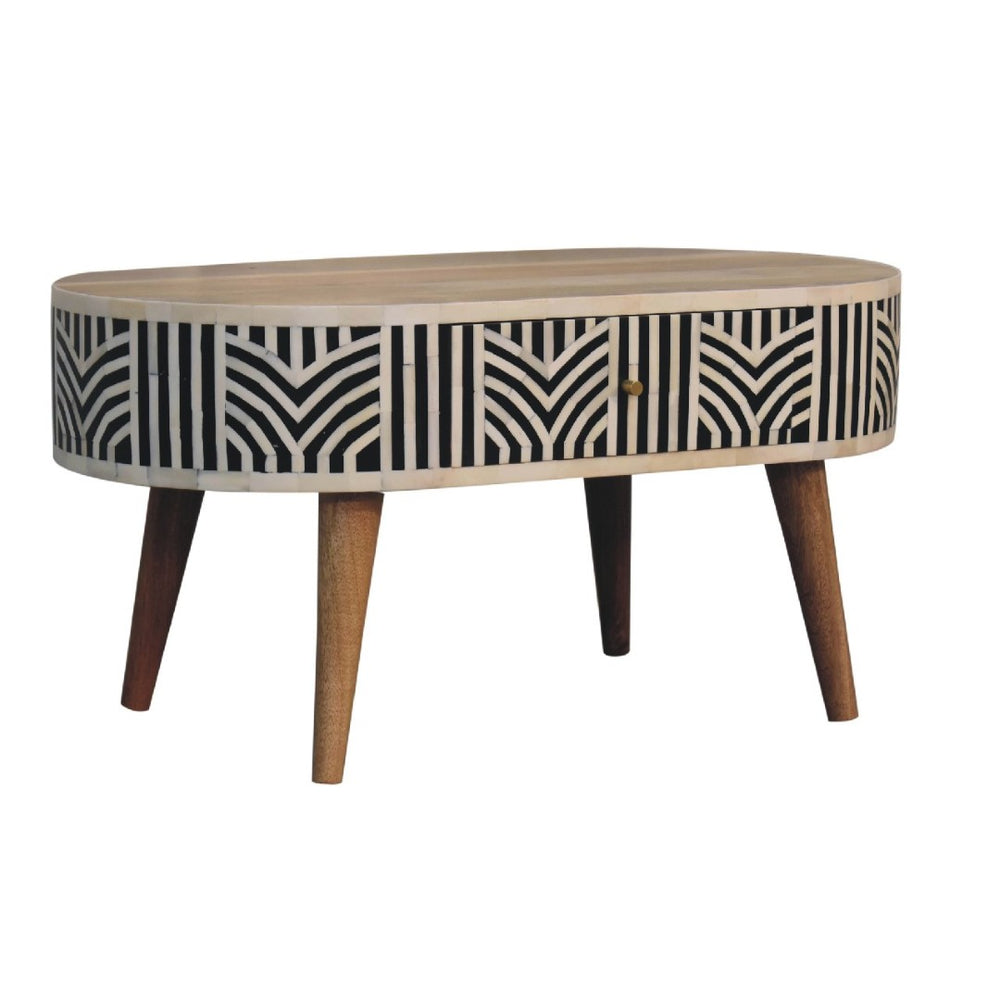 HomeRoots 32" Elegant Black Bone & Oak Solid Wood Oval Coffee Table with 2 Drawers for Modern Living Spaces 657341