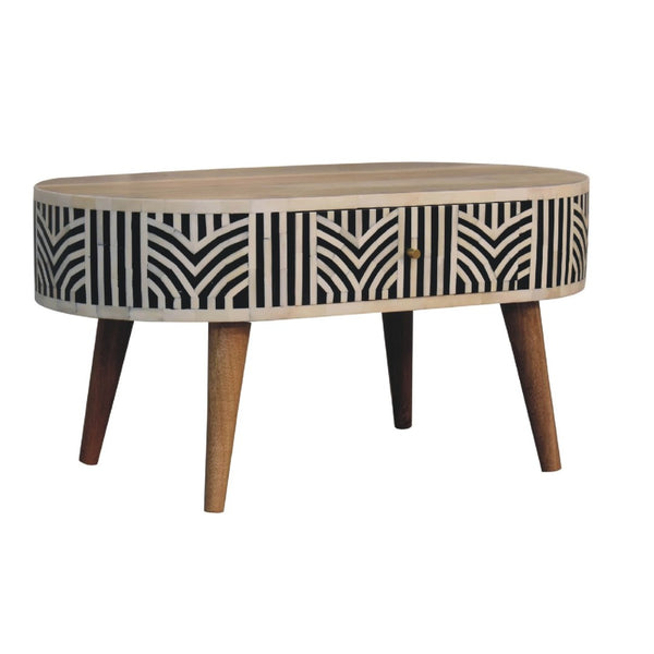 HomeRoots 32" Elegant Black Bone & Oak Solid Wood Oval Coffee Table with 2 Drawers for Modern Living Spaces 657341