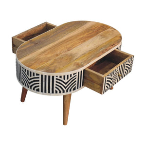 HomeRoots 32" Elegant Black Bone & Oak Solid Wood Oval Coffee Table with 2 Drawers for Modern Living Spaces 657341