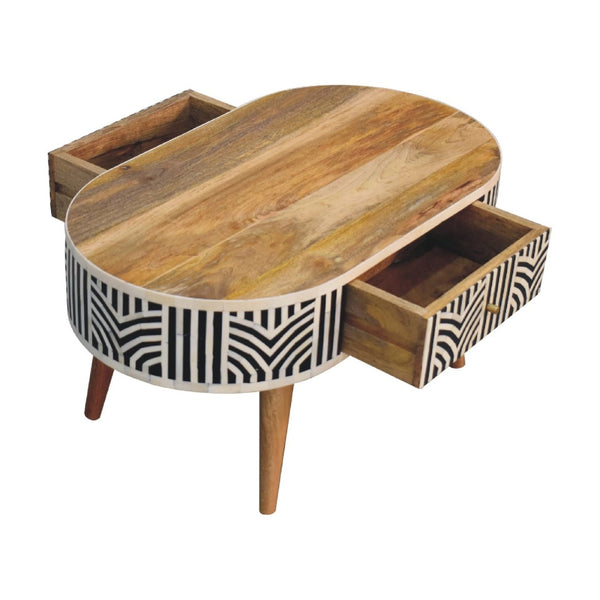 HomeRoots 32" Elegant Black Bone & Oak Solid Wood Oval Coffee Table with 2 Drawers for Modern Living Spaces 657341