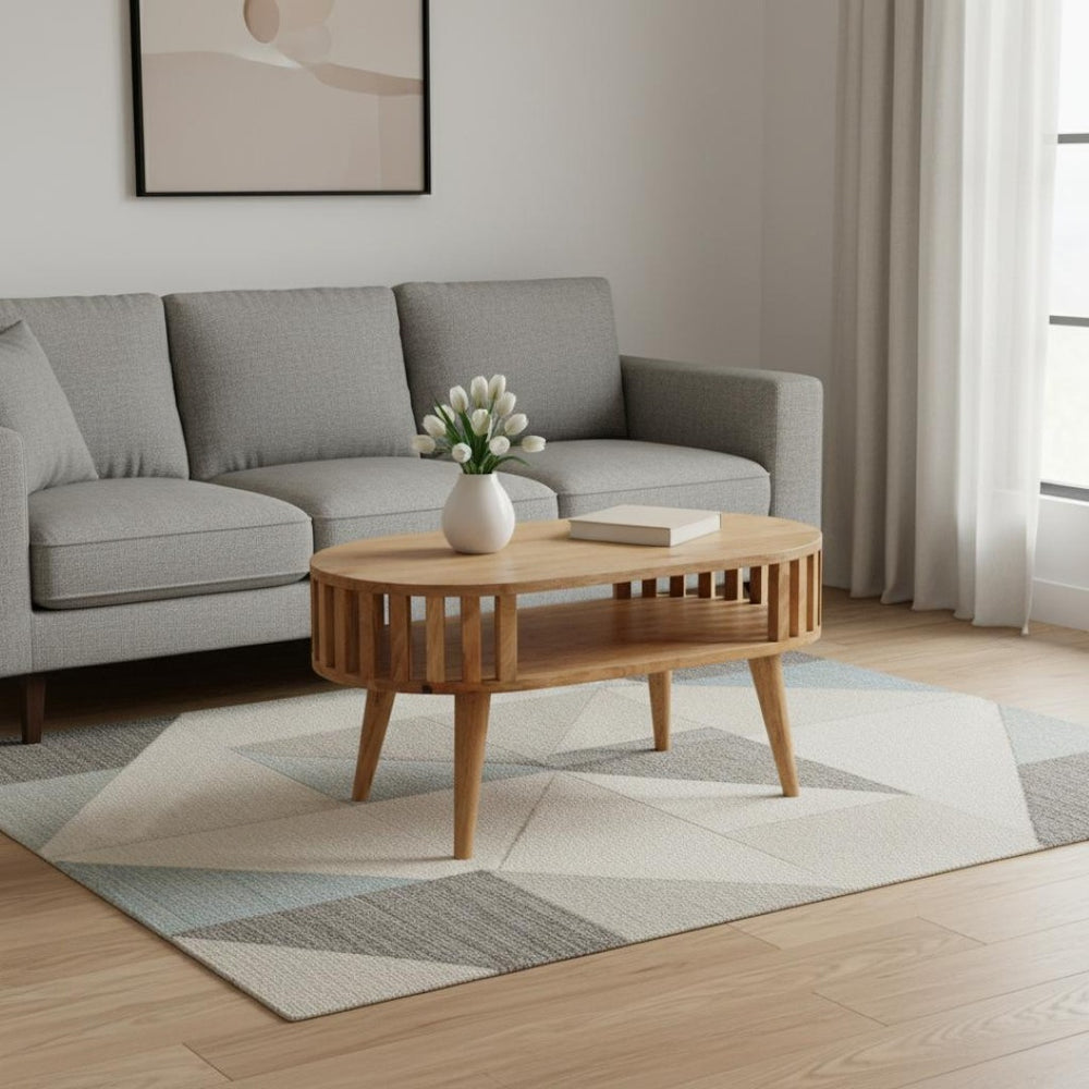 HomeRoots 32" Elegant Solid Oak Oval Coffee Table with Lower Shelf – Handcrafted, Durable & Versatile Design 657342