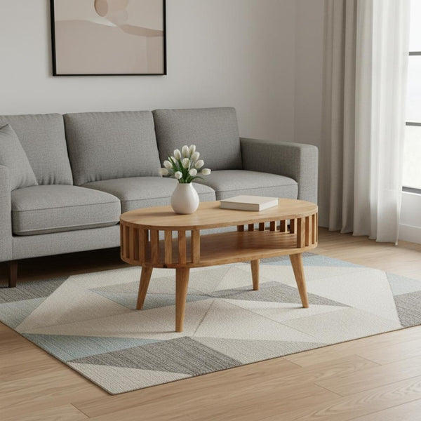 HomeRoots 32" Elegant Solid Oak Oval Coffee Table with Lower Shelf – Handcrafted, Durable & Versatile Design 657342