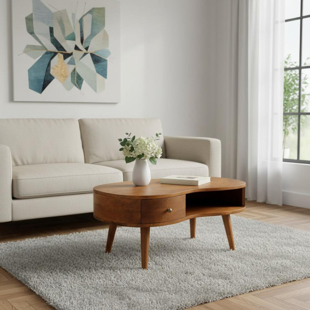 HomeRoots 32" Chestnut Solid Wood Free-Form Coffee Table with Drawer & Shelf – Stylish Storage for Any Room 657343