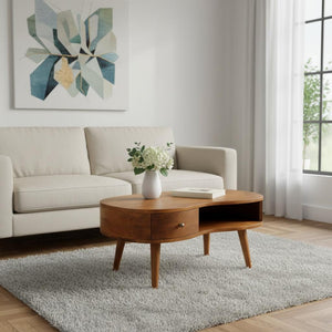 HomeRoots 32" Chestnut Solid Wood Free-Form Coffee Table with Drawer & Shelf – Stylish Storage for Any Room 657343