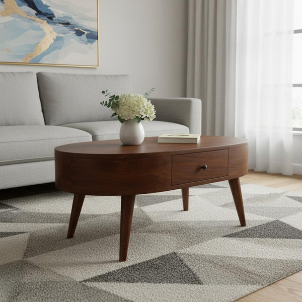 HomeRoots 34" Chestnut Solid Wood Oval Coffee Table with Two Drawers - Elegant Storage for Modern & Classic Homes 657346