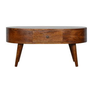 HomeRoots 34" Chestnut Solid Wood Oval Coffee Table with Two Drawers - Elegant Storage for Modern & Classic Homes 657346
