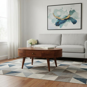 HomeRoots 33" Natural Solid Wood Oval Coffee Table with Integrated Drawer for Stylish Living Room Storage 657348