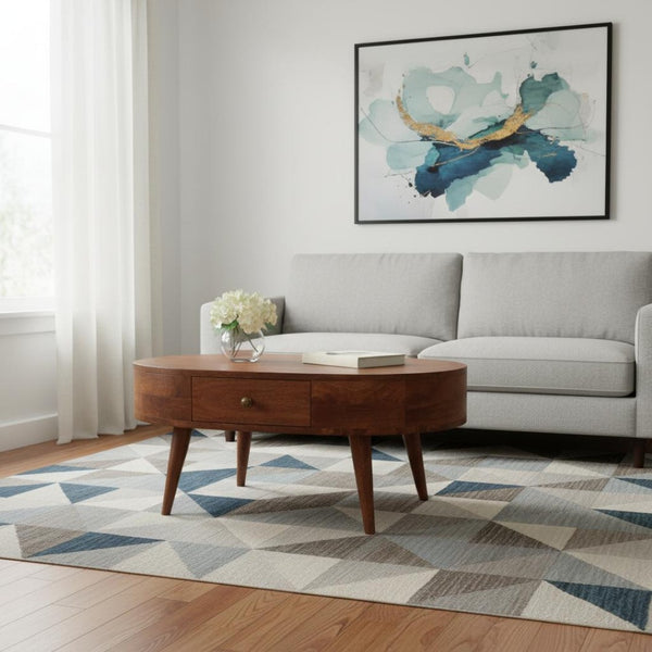 HomeRoots 33" Natural Solid Wood Oval Coffee Table with Integrated Drawer for Stylish Living Room Storage 657348