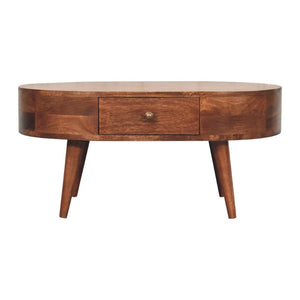 HomeRoots 33" Natural Solid Wood Oval Coffee Table with Integrated Drawer for Stylish Living Room Storage 657348