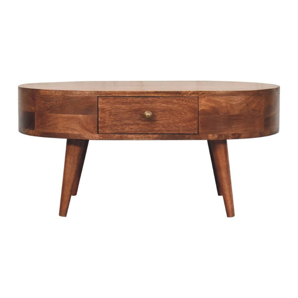 HomeRoots 33" Natural Solid Wood Oval Coffee Table with Integrated Drawer for Stylish Living Room Storage 657348
