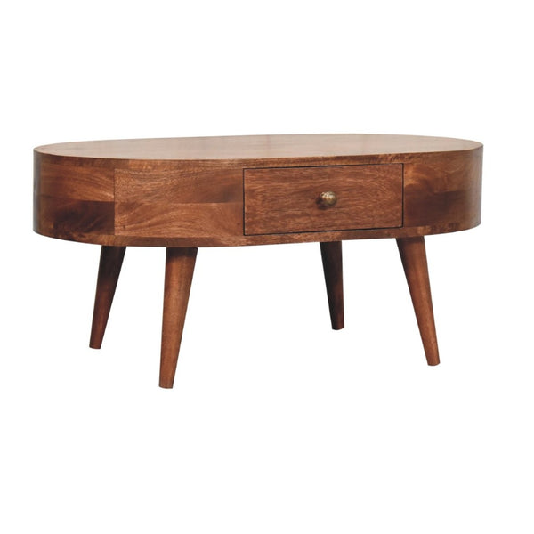 HomeRoots 33" Natural Solid Wood Oval Coffee Table with Integrated Drawer for Stylish Living Room Storage 657348