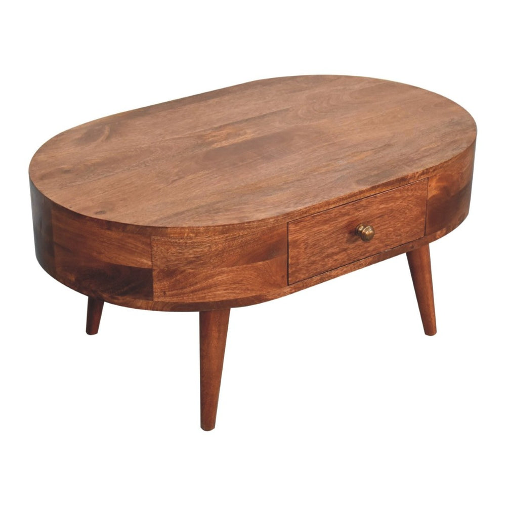 HomeRoots 33" Natural Solid Wood Oval Coffee Table with Integrated Drawer for Stylish Living Room Storage 657348