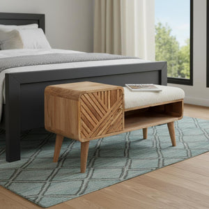HomeRoots 35" Cream Boucle Upholstered Bench with Oak Wood Base, Storage Cabinet & Modern Design Accent 657349