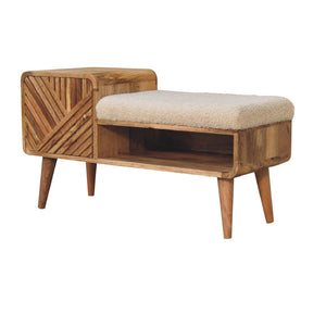HomeRoots 35" Cream Boucle Upholstered Bench with Oak Wood Base, Storage Cabinet & Modern Design Accent 657349