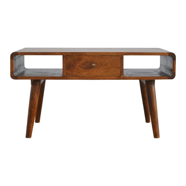 HomeRoots 34" Chestnut Solid Wood Coffee Table with Storage Drawers & Open Shelves for Stylish Living Spaces 657353
