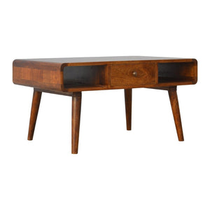 HomeRoots 34" Chestnut Solid Wood Coffee Table with Storage Drawers & Open Shelves for Stylish Living Spaces 657353