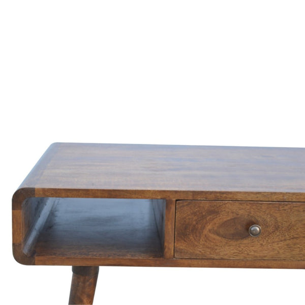 HomeRoots 34" Chestnut Solid Wood Coffee Table with Storage Drawers & Open Shelves for Stylish Living Spaces 657353